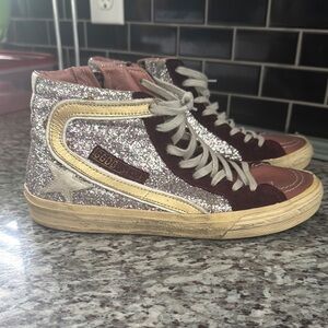 Golden Goose Silver Glitter and Burgundy High-Tops